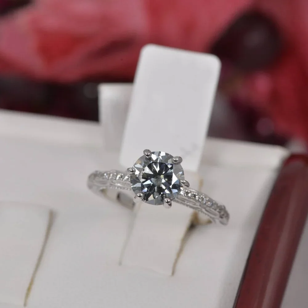2ct Gray Moissanite Certified Round Brilliant Cut Engagement Ring 925 Sterling